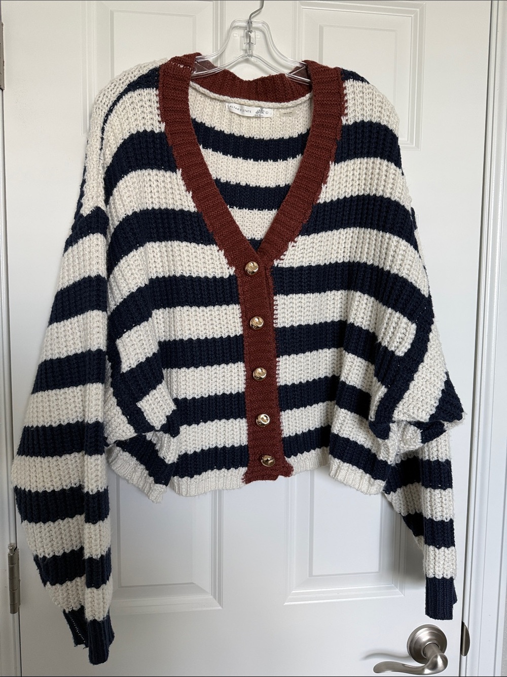 Altar'd State Navy, White & Rust Striped V-Neck Cardigan